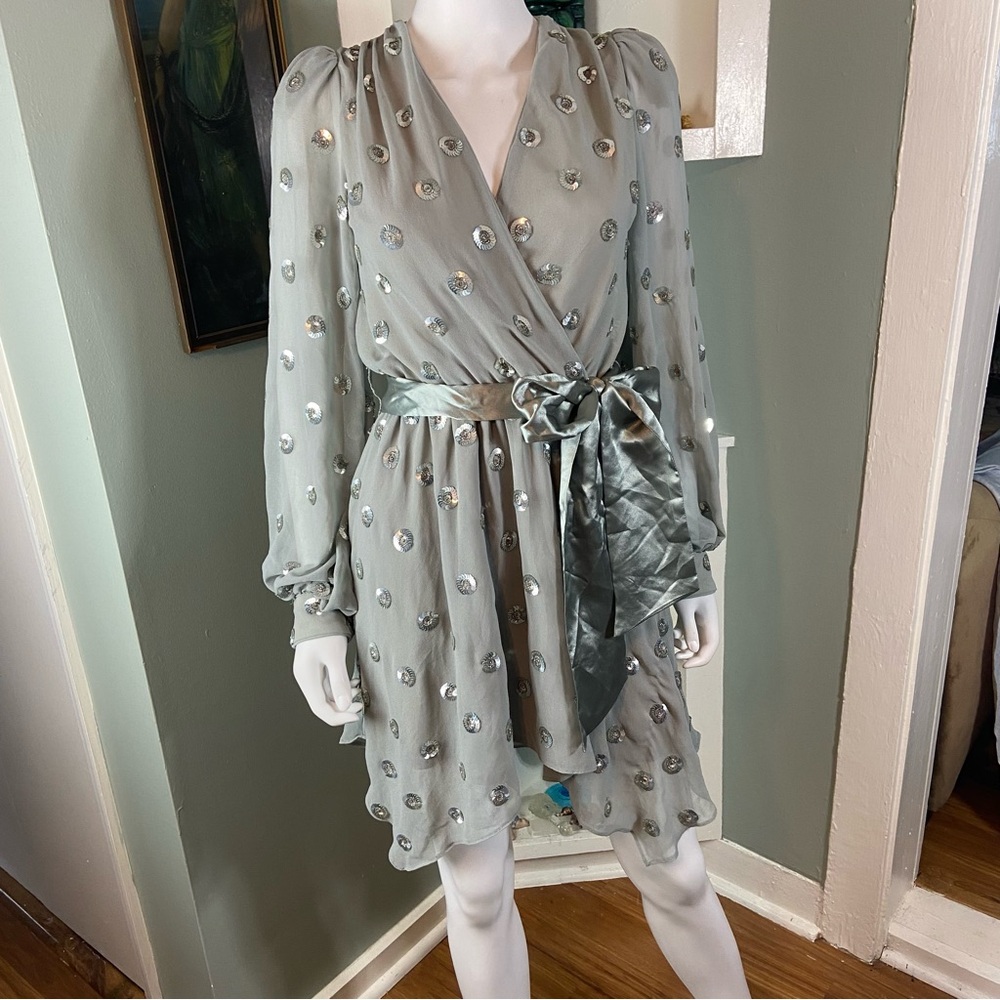 New NWT Lovers + Friends Olivia Sequin Embellished Gray Silver Wrap Mini Dress